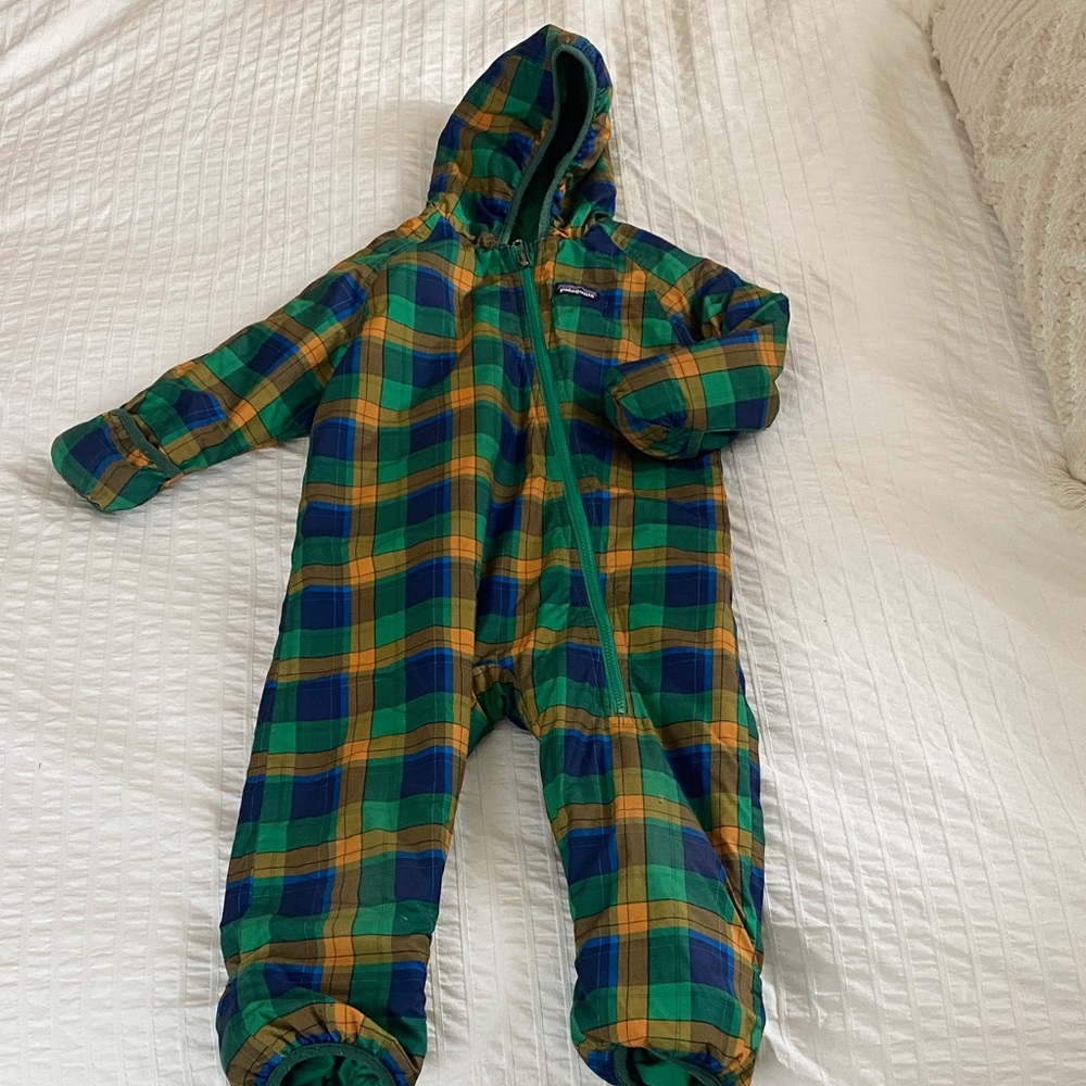 Patagonia Kids Recersible Plaid One Piece - Green, Blue, and Yellow